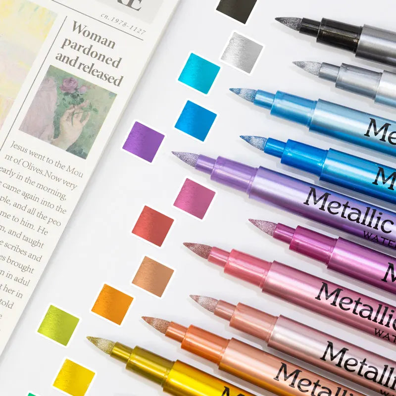 12 Colors Brush Metallic Paint Markers Pens