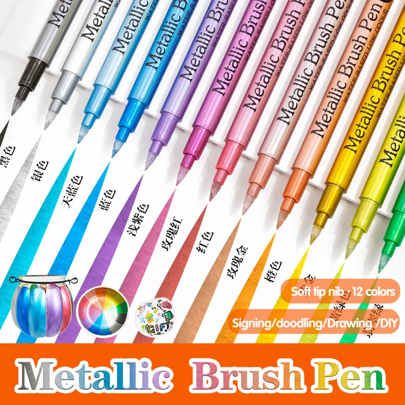 12 Colors Brush Metallic Paint Markers Pens